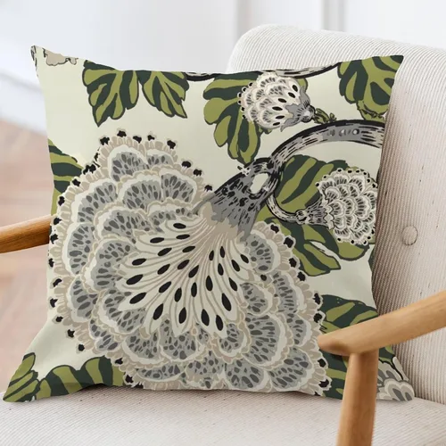 Vista 2 de ArogGeld Funda de cojín con flores verdes y blancas con flores grises y negras y hojas verdes en estilo chinoiserie, funda de almohada cuadrada