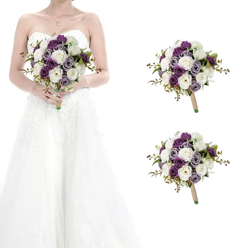 Vista 23 de Ramos para dama de honor para boda - Ramo de flores artificiales de 7 pulgadas para fiesta, ceremonia, aniversario, centros de mesa para mesa de Azul