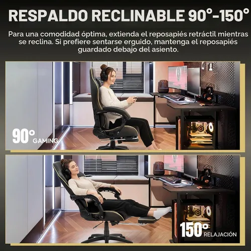 Vista 8 de Dowinx - Silla de juegos grande y alta, 350 libras con reposapiés lumbar de masaje Negro