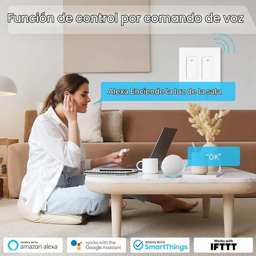 Vista 4 de Interruptor de luz inteligente de 2 bandas (botón), interruptores de luz WiFi inteligentes dobles, interruptor inteligente compatible con Alexa