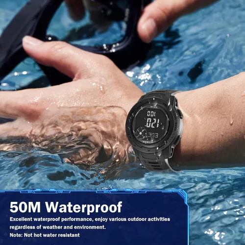 Vista 5 de Reloj táctico para hombre con brújula, podómetro digital impermeable 50M, altímetro para senderismo al aire libre y escalada (negro)