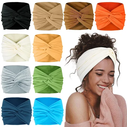 Vista 9 de AKTVSHOW Diademas de 7 pulgadas de ancho para mujer, paquete de 10 diademas grandes estilo turbante bohemio a la moda, bandas para el cabello