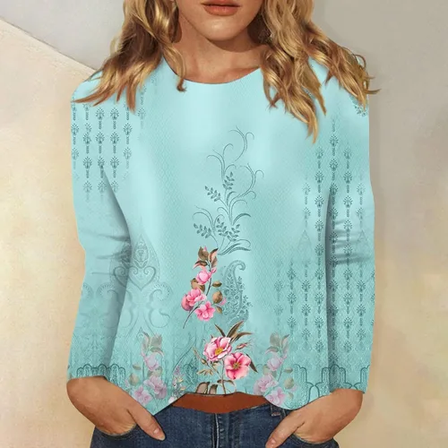 Vista 3 de GONEBIN Camisas de manga larga para mujer, camisetas de manga larga con estampado bonito, blusas casuales de talla extragrande, básicas, sin botones
