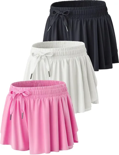 Vista 7 de Paquete de 3 pantalones cortos fluidos para niñas con forro de elastano, 2 en 1, faldas de mariposa para jóvenes, para fitness, correr, deportes