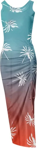 Vista 3 de Vestidos de verano para mujer, vestido de playa floral de moda 2023, sexy, entallado, con cordón, fruncido, con abertura en el dobladillo