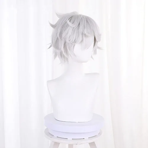 Vista 4 de XiongXiongLe Peluca de anime de Halloween, cosplay, color gris y blanco, esponjoso, rizado, pelo corto, pelucas de repuesto para hombres, disfraces