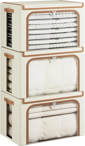 Vista 9 de Yecaye Cajas de Almacenamiento de Ropa con Marco de Metal, Caja de Almacenamiento de Ropa Plegable con Tapa, Caja Organizadora Apilable de Tela
