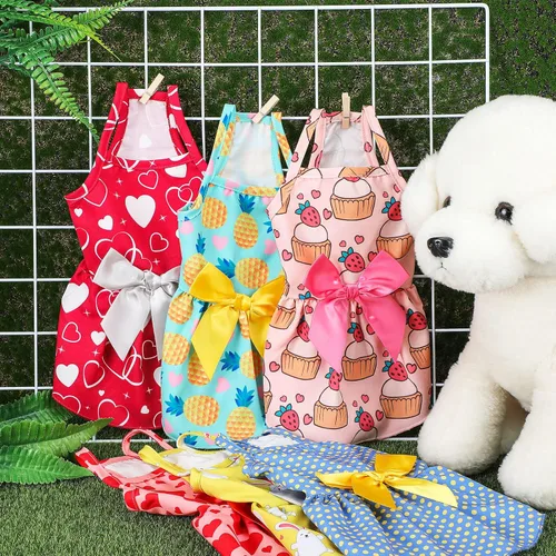 Vista 4 de Frienda 6 piezas con lazo de príncipes para cachorro, vestido floral para perro, falda, vestido de verano para mascotas, lindo vestido de verano