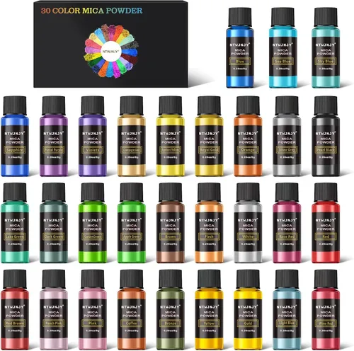 Vista 14 de Polvo de mica, pigmento de 30 colores, polvo de mica natural de grado cosmético brillante para resina epoxi/bombas de baño/vela/jabón, brillo