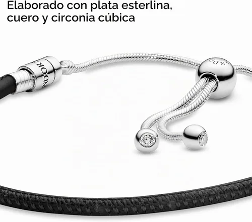 Vista 4 de PANDORA Pulsera de cuero con circonita cúbica doble en plata de ley, 11 pulgadas, sin caja, Plata Esterlina, Circonita cúbica