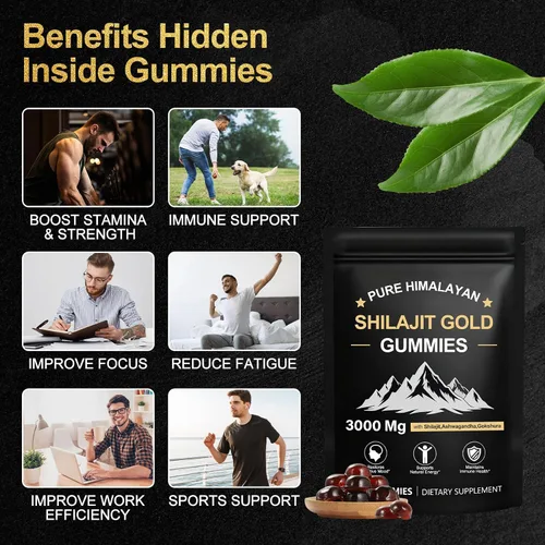 Vista 3 de Gomitas Shilajit, gomitas puras del Himalaya Shilajit doradas, sin azúcar añadido, sin OMG, 100% naturales y orgánicas, Ashwagandha, Gokshura, ácido