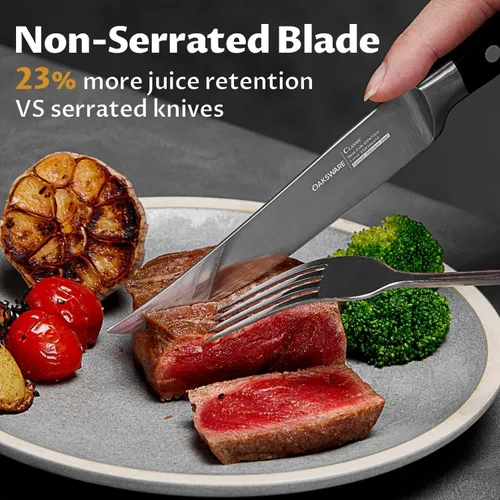Vista 2 de OAKSWARE - Juego de 4 cuchillos para carne, no dentados, con mango ergonómico forjado de espiga completa, acero inoxidable alemán de alto carbono