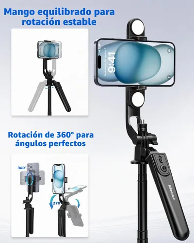 Vista 4 de UBeesize Palo de Selfie Trípode Extensible de 64 pulgadas con Luz y Control Remoto, Soporte de Trípode Ajustable para Teléfono para iPhone 17-11