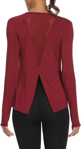 Vista 5 de Mippo Camisas de entrenamiento de manga larga para mujer, camisetas de yoga con espalda abierta, para correr, ropa atlética Rojo vino