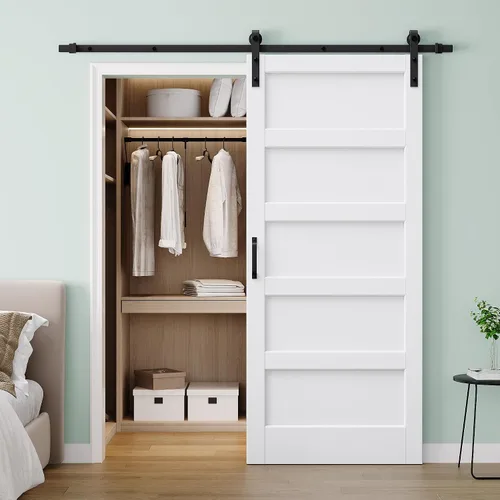 Vista 13 de 30"x84" 1-Lite Double Side Mirror Barn Door Slab with 6FT Track Kit, Handle White / 1-Lite Double Side Mirror