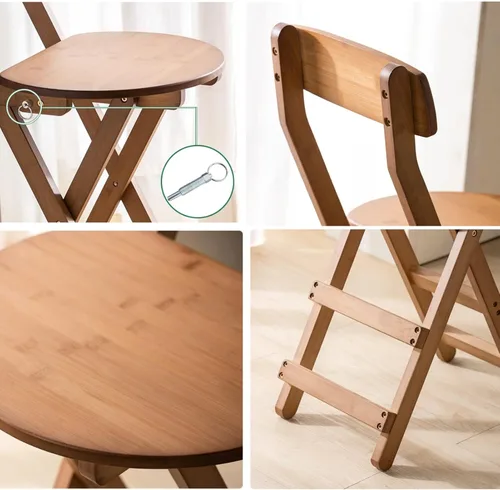 Vista 7 de Taburetes de bar plegables de bambú para el desayuno, taburete de cocina de 24 pulgadas/27 pulgadas con respaldo, silla alta de madera plegable