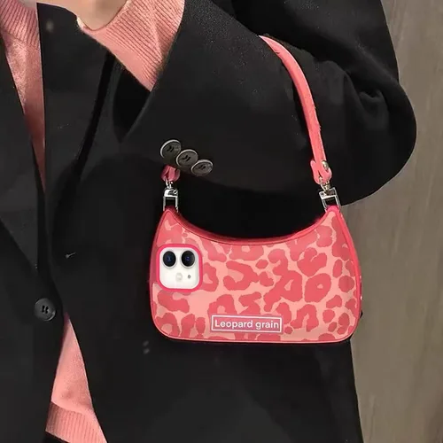 Vista 7 de Funda compatible con iPhone 11, bonita funda estética con estampado de leopardo rosa en forma de cartera con correa y cadena a prueba de golpes