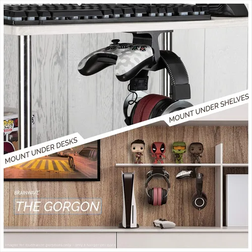 Vista 4 de BRAINWAVZ The Gorgon - Under Desk Game Controller & Headphone Holder for XBOX, PS4, PS5, Series One, Steelseries, PC & Most Gamepads & Headsets