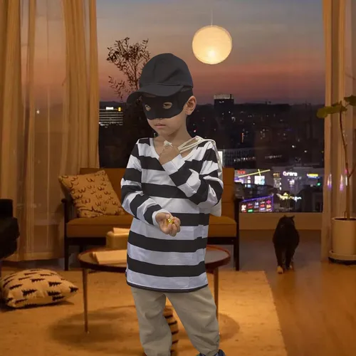 Vista 6 de Conjunto de accesorios de disfraz de ladrón de Halloween, disfraz de ladrón, disfraz de ladrón de bancos para niñas y niños