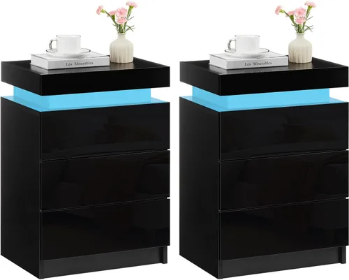 Vista 12 de TUKAILAi Mesita de noche con luz LED, moderna mesita de noche negra con tapa abatible, mesita de noche pequeña con 3 cajones de madera, mesa
