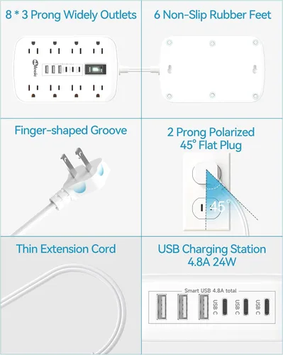 Vista 7 de Cable de extensión corto de 1 pie - Tira de alimentación de 2 clavijas 1700J, protector contra sobretensiones para electrodomésticos con 15A, 8