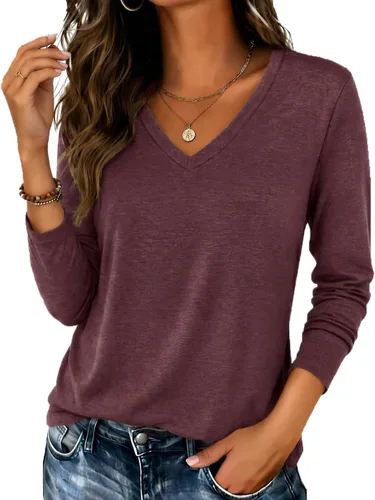 Vista 15 de Zeagoo Camisas de manga larga para mujer, cuello en V, casual, básica Rosa