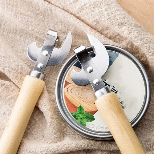 Vista 4 de Utensilios de cocina de acero inoxidable Tapa multifuncional Remov-e corte lateral manual abrelatas con mango de madera