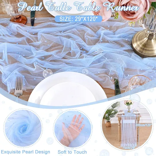 Vista 3 de LuoluoHouse Camino de Mesa de Perla para Centros de Mesa de Boda: Camino de Mesa de Perla de 10 pies, Decoración de Mesa de 29x120 Pulgadas de Tul