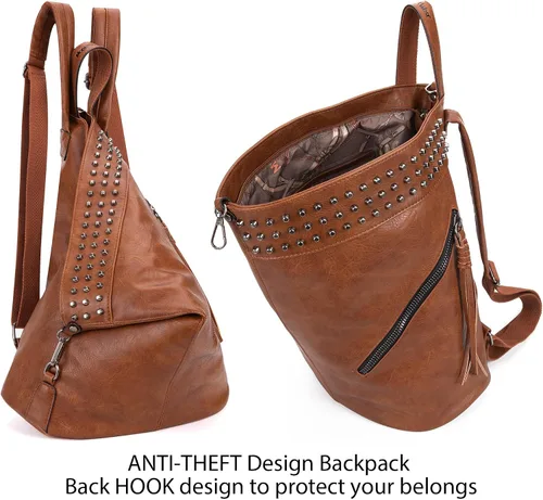 Vista 4 de Montana West Mochila para mujer, de cuero lavado suave, con cordón, casual, para viajes, grandes mochilas, **Mochila antirrobo marrón, Mochilas