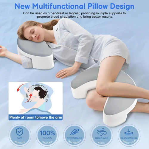 Vista 3 de Almohada para dormir de lado con agujeros para los brazos, almohada de espuma viscoelástica ergonómica para alivio del dolor cervical, cuello Gris