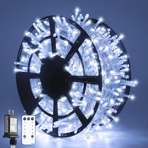 Vista 14 de JMEXSUSS 150 luces LED azules de Navidad para interiores y exteriores, luces de cadena conectables de 59 pies con enchufe, 8 modos de luces de hadas
