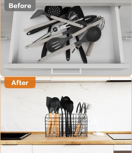 Vista 2 de Soporte grande para utensilios de cocina, 11.8 x 6.7 x 4.7 pulgadas, diseño estético de 3 compartimentos, organizador de utensilios de cocina