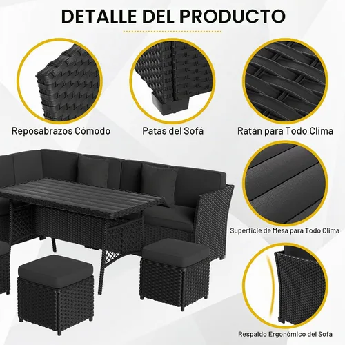 Vista 4 de Juego de muebles de patio, 7 piezas, juego de comedor al aire libre, juego de conversación de ratán para todo tipo de clima, sofá modular de comedor