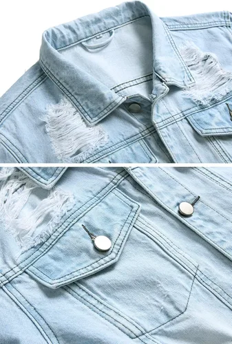 Vista 3 de LAMKUKU Chaqueta de mezclilla para hombre rasgada ajustada, abrigo de chaqueta vaquera para hombres