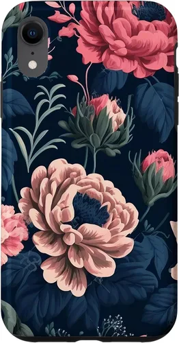 Vista 8 de Funda de follaje botánico para iPhone 15 con diseño floral azul marino y rosa