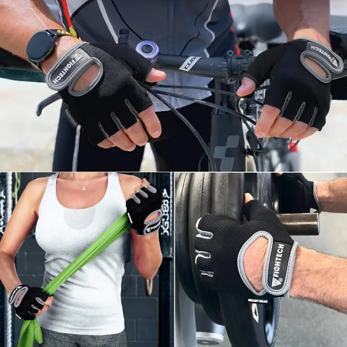 Vista 7 de FIGHTECH Guantes de entrenamiento para hombres y mujeres, guantes sin dedos para levantamiento de pesas con palmas acolchadas, guantes de gimnasio