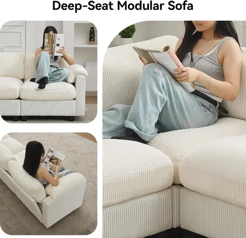Vista 4 de Sofá modular de 61 pulgadas con otomana, asiento extra profundo para sala de estar, sofá de asiento profundo de pana con almohadas para Beige