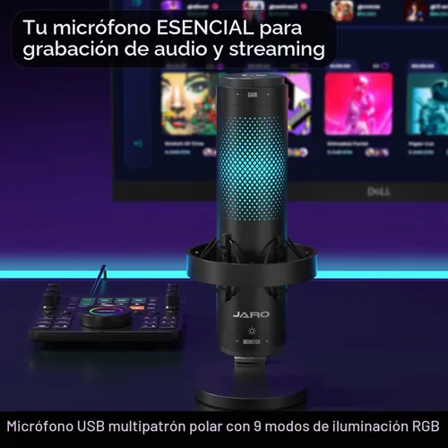 Vista 2 de JARO Micrófono condensador USB con patrón multipolar con cancelación de ruido silenciosa RGB para podcasting, juegos, transmisión, YouTube, Zoom
