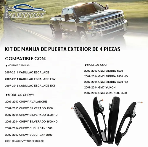 Vista 2 de Manija de Puerta Exterior Negra 4 Piezas Delantera Trasera Conductor y Pasajero Compatible con Cadillac Escalade 2007-2014 Chevy Avalanche Silverado