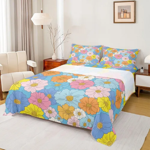 Vista 20 de Juego de sábanas de flores Groovy de los años 70, tamaño individual, para niños y niñas, fresco, vintage, bohemio, floral, para mujer, Halloween