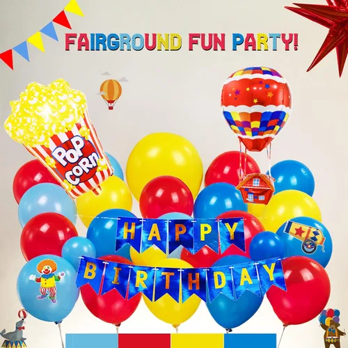 Vista 6 de Decoraciones de fiesta de cumpleaños con temática de circo e incluyen guirnalda de globos rojos, azules y amarillos y globos de papel de aluminio