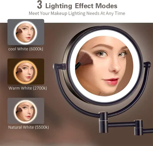 Vista 3 de Espejo de maquillaje con interruptor táctil, luces LED y aumento de 10 aumentos, espejo de tocador de baño de doble cara de 8 pulgadas, espejo