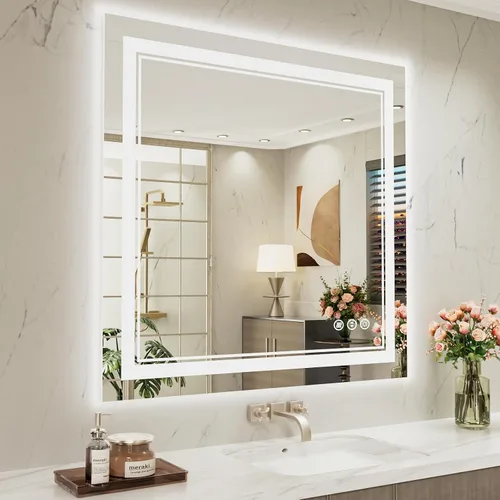 Vista 45 de Espejo de baño LED de 24 x 28 pulgadas, luz frontal y retroiluminada, antiniebla, regulable, espejo de tocador iluminado con memoria, espejo LED