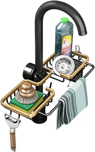 Vista 7 de Soporte de esponja para grifo, organizador para fregadero de cocina, bandeja colgante para drenaje de 1.8-2.8 cm de diámetro, organizador para Dorado