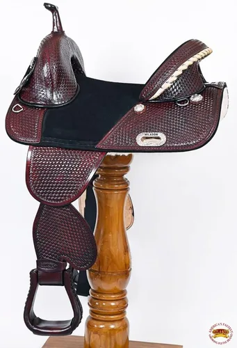 Vista 4 de HILASON Treeless Western Saddle Hand-Tooled Leather Trail Barrel Pleasure Riding with Bridle
