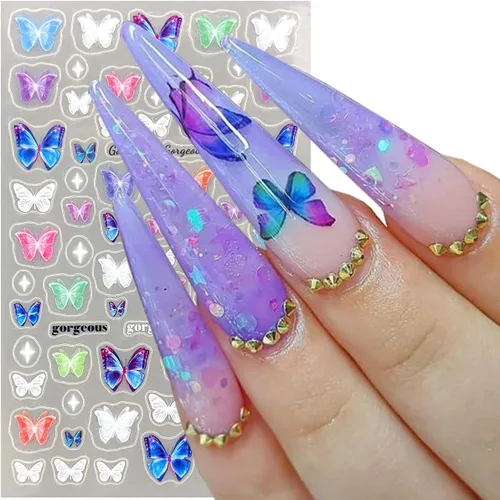Vista 5 de 5 hojas de calcomanías de arte de uñas de mariposa, 3D coloridas mariposas, suministros de arte de uñas, mariposas, flores, calcomanías Con