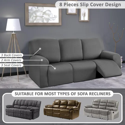 Vista 5 de ULTICOR Fundas para sofá reclinable de 8 piezas, fundas elásticas con hilo teñido para sofá reclinable de 3 cojines, gruesas, suaves y lavables Gris