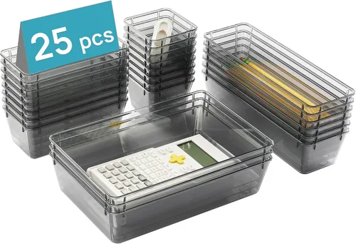 Vista 10 de Vtopmart - Juego de 25 organizadores de cajones de plástico, 4 tamaños versátiles, charolas organizadoras de cajones para baño y tocador, Blanco