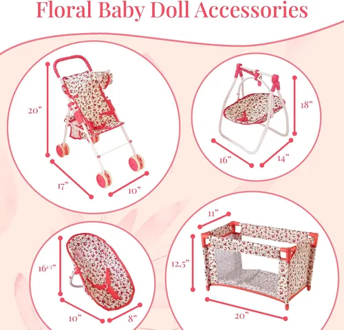 Vista 4 de Juego de Muebles de Cuna y Cochecito de Muñeca de Lujo, Juego de Accesorios Multi para Muñecas de 18", Incluye Cochecito de Muñeca, Columpio y Cama