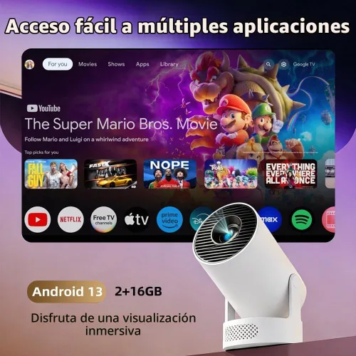 Vista 3 de Mini proyector con WiFi y Bluetooth, proyector portátil compatible con 4K, altavoz base de sonido de 5 W, corrección trapezoidal automática